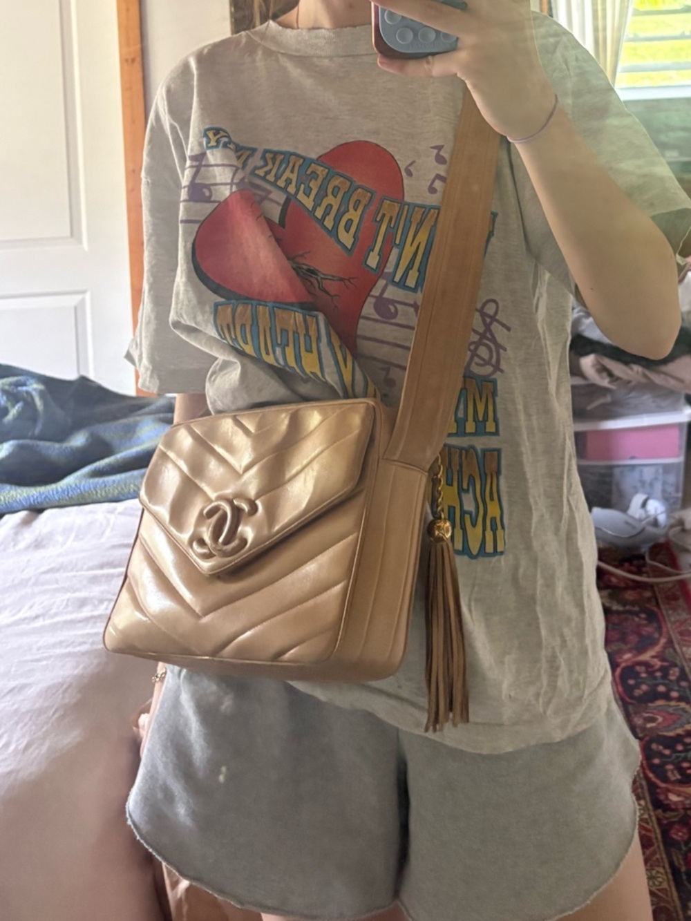 RARE Vintage Lambskin Chanel Beige Logo Chevron Shoulder Bag